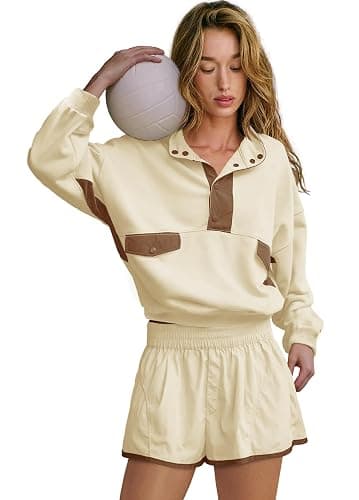 LAMISSCHE Work out Sets Gym for Women Sweatsuits 2 Piece Set Long Sleeve Top & Shorts Active Wear Sets with Pockets thumbnail 2
