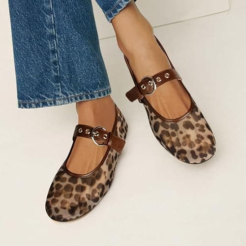 Gothictor Leopard Flats for Women Mesh Flats Ballet Flats Mary Jane Flats Women's Dress Shoes Ballet Shoes thumbnail 3
