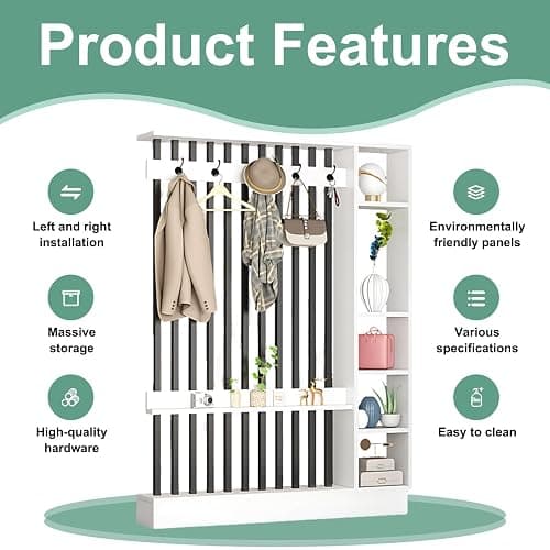 Fakednss Freestanding Room Divider with Shelves, Modern Wall Room Dividers with Coat Rack and Storage Cabinet, Entrance Hall Partition Screen Column Floor to Ceiling, Privacy Screens for Home Office thumbnail 4