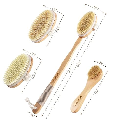 DEBETOOL Dry Brushing Set - Natural Boar Bristle Body & Face Brush, Wooden Long Handle Scrub Brush for Cellulite & Lymphatic Drainage Body Care, Detachable, 3 Brush Heads thumbnail 4