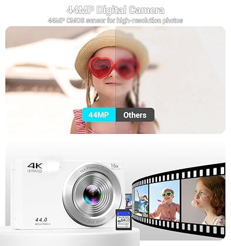 Digital Camera, FHD 4K 44MP Compact Point and Shoot Cameras with 64GB SD Card 2 Batteries, 16X Autofocus Digital Zoom Small Camera for Teens Kids Boys Girls (White) thumbnail 3