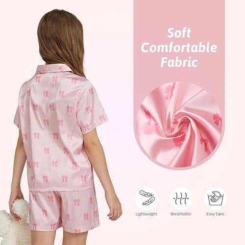 Ewbob Girls Silk Satin Pyjamas Set Short Sleeve Button-Down Kids PJs Breathable Soft Nightwear Children Sleepwear Age 5-14 thumbnail 5
