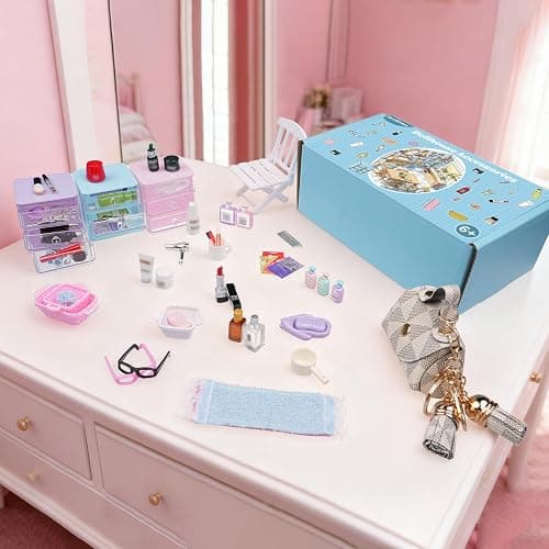 BeadRiver 77 Pcs Miniature Dollhouse Accessories, Dollhouse Bathroom Accessories Set with Storage Cases Cosmetic Set Towel Shampoo Perfume Hair Dryer Comb Mask Soap Toiletries Set for Girl Micro Scene thumbnail 2
