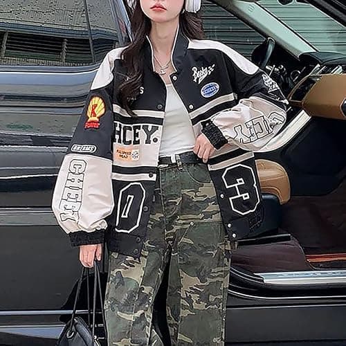 POHADON Varsity Jacket For Women Patchwork Long Sleeve Racing Bomber Letterman Jackets Color Block Y2k Vintage Streetwear - Small - Black thumbnail 3
