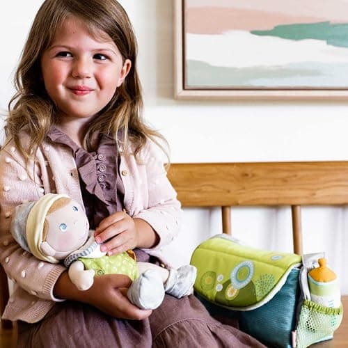 HABA Baby Doll Diaper Bag with Soft Bottle & Reusable Cloth Doll Diapers, Folds into Changing Mat, Summer Meadow Print Toddler Pretend Play Accessories for Ages 18 Months & Up thumbnail 6