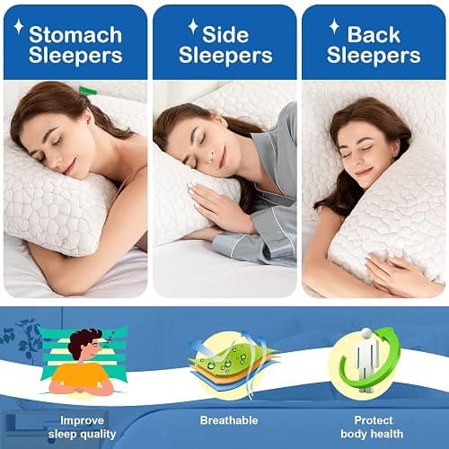 Cooling Bed Pillows for Sleeping 2 Pack Shredded Memory Foam Pillows Standard Size Set of 2, Adjustable Cool Pillow for Side Back Stomach Sleepers Luxury Gel Pillows with Washable Removable Cover thumbnail 8