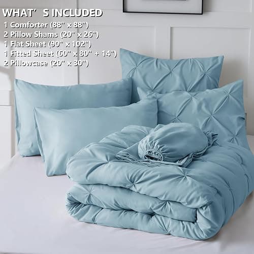 HIMEET Queen Comforter Set 7 Pieces Bed in A Bag Light Blue Luxury Soft Queen Size Bed Set Pintuck Pinch Pleat Bedding Sets with Comforter, Flat Sheet, Fitted Sheet and Pillowcases & Shams thumbnail 7