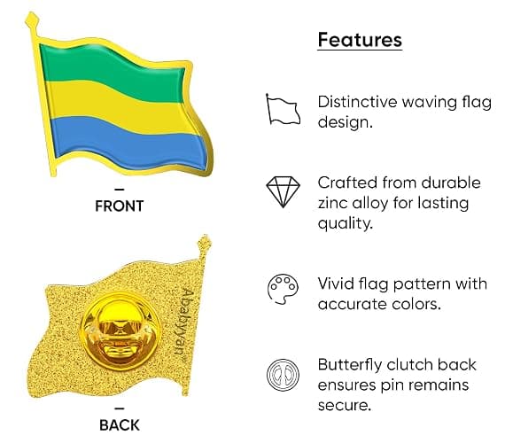 Gabon Flag Lapel Pin - Enamel Metal National Badge | World Travel Souvenir Gifts for Men & Women | Country Flag Patriotic Brooch Bulk Pack of Pins for Hat, Tie, Clothes, Backpack (1pc) thumbnail 3