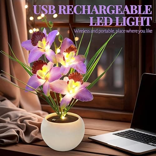Strackvial Artificial Flower Night Light, Touch Stepless Dimming USB Rechargeable Orchid Flower with Vase Lamp, LED Table Lamp Decorative Landscape Lights for Festival Party Home Decor (Purple) thumbnail 8