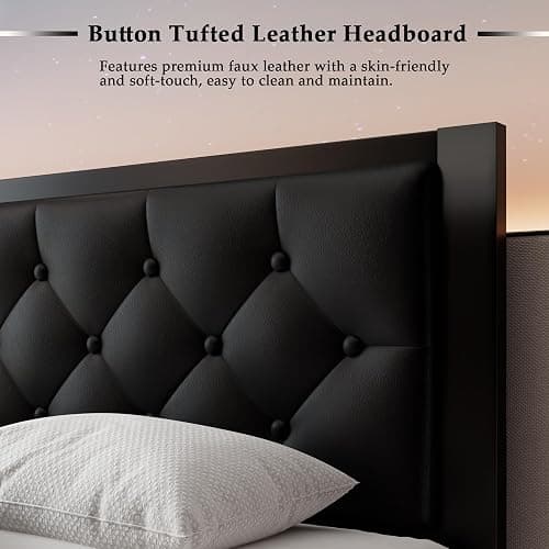 Feonase Twin Size Metal Bed Frame with Faux Leather Button Tufted Headboard, Heavy-Duty Platform Bed Frame with 12" Storage, Steel Slats Support, No Box Spring Needed, Noise Free, Black thumbnail 4