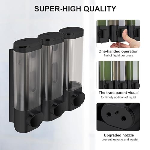 Seifenspender Wandbefestigung, Shampoo Duschgel Spender, 3er Set Seifenspender Ohne Bohren, Gleichmäßige Flüssigkeitsabgabe, AuslaufsicherGeeignet für Shampoo,Duschgel,Flüssigseife,Spülung. (Black) thumbnail 2
