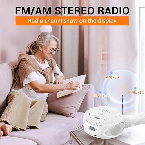 Portable CD Player Boombox with Bluetooth, AM/FM Radio CD Player with Stereo Speakers, USB/SD/AUX Input, Headphone Jack, AC or Battery Operated Compact CD Player for Home, Kids & Seniors, White thumbnail 3