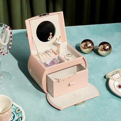 Vlando Kids Musical Jewelry Box for Girls with Drawer, Music Box with Ballerina and Stickers for Birthday Gifts Bedroom Decor, Pink thumbnail 9