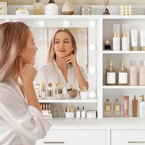 TEENFON Dressing Table with 3-Color LED Lights Mirror, Adjustable Brightness, Vanity Table Makeup Desk with 9 Drawers and 7 Storage Shelves, Modern Vanity Desk for Bedroom Dressing Room, White thumbnail 6