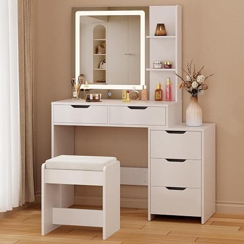 Aiho Makeup Vanity Desk with Mirror & Lights, 43.5" Table with 5 Drawers & Shelves, Adjustable Brightness & 3 LED Modes - Dressing Table Set for Bedroom, White - Image 1