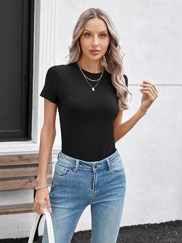 SANDERY Womens Round Neck Long/Short Sleeve Shirts Ribbed Casual Slim Fitted Tops Blouses thumbnail 4