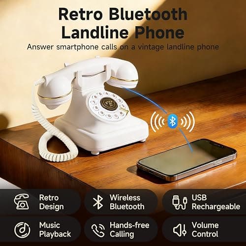 Bluetooth Retro Landline Phone for Cell Phone, Rotary Home Phones, White | Vintage Old Fashioned Telephone with Speakerphone & Volume Control, Wireless Rechargeable Telephone for Bedroom, Home Office thumbnail 2