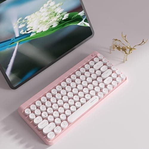UBOTIE Wireless Bluetooth Keyboard, Portable 84-Key with Cute Retro Round Keycaps, Ergonomic Typewriter Keyboards Compatible with Windows, Android, MAC (Pink-White) thumbnail 2