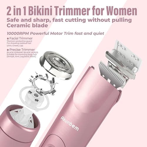 Akunbem Bikini Trimmer for Women - 2 in 1 Electric Razors for Women - Dual Head Electric Shaver - IPX7 Waterproof Wet & Dry Use Body Hair Trimmer and Facial Hair Remover for Bikini Underarm Leg Arm thumbnail 2