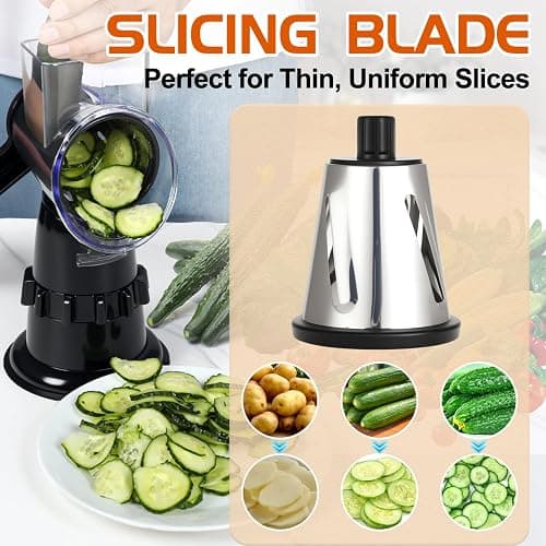 Rotary Cheese Grater Hand Crank, Vegetable Slicer with 3 Blades, Stable Suction, Labor-Saving Handle, Cheese Shredder for Potato Vegetables Nuts Chocolate, Black thumbnail 3