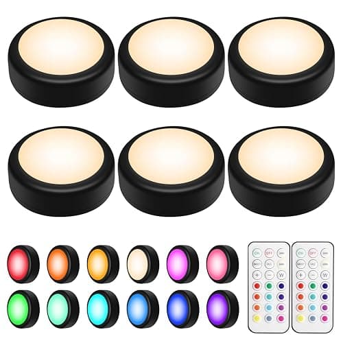 BLS LED Puck Lights with Remote Control, Wireless Under Cabinet & Closet Lighting, RGB 13 Color Changing Lights with Dimmer, Timer & AA Battery Operated, Push, Touch, Stick on for Night, Black, 6 Pack - Image 1