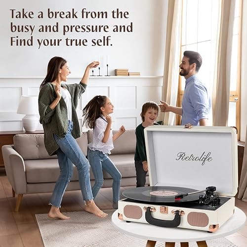 Retrolife® Record Player,3-Speed Bluetooth Suitcase Vinyl Player-White | Built-in Stereo Speakers, Portable Turntable Plays 7/10/12" Records, 33/45/78 RPM, Bluetooth Streaming, RCA/Headphone Jack thumbnail 6