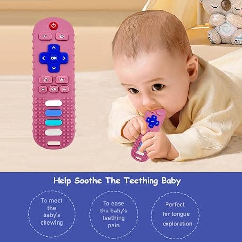 ROBBEAR Baby Teething Toys, Food Grade Silicone Teether for Babies 3 6 12 18 Months, TV Remote Shape Toddlers Chew Toys, Freezer BPA Free (Pink RC) thumbnail 5