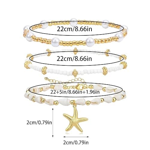 Starfish Shell Ankle Bracelets Summer Pearl Beach 14k Gold Beaded Hawaiian Dainty Anklet for Women thumbnail 3
