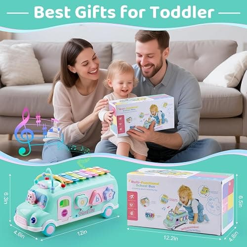 Baby School Bus Xylophone Toy for Toddlers 1-3, 5-in-1 Montessori Musical Bus Toys Gifts for 1 Year Old Baby Girl, Shape Sort Toys Knocking Xylophone Educational Instruments Birthday Gift Boy Girl thumbnail 3