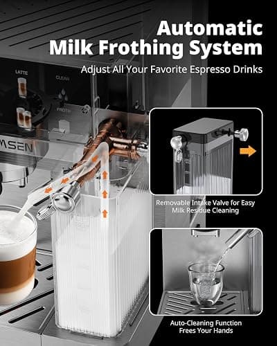 AIRMSEN 20 Bar Espresso Machine with Automatic Milk Frother, Cappuccino & Latte Coffee Maker with Quick Brew Dual Boiler (1350W + 1000W), Stainless Steel, 60oz Water Tank, Touchscreen thumbnail 5