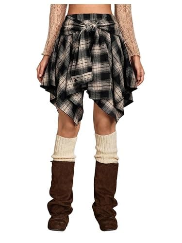 Verdusa Women's Y2k Goth Grunge Plaid Skirts Tie Vintage Asymmetrical Flowy Pleated Mini Skater Skirt - Image 1