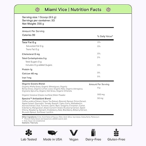Kiala Nutrition Super Greens, Organic Greens Powder with Spirulina & Chlorella for Digestion, Gut Health, Immunity & Energy, Gluten Free, Vegan, Daily Support for Women, Miami Vice Flavor, 30 Servings - Miami Vice thumbnail 8