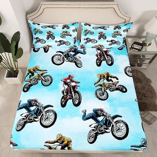 Erosebridal Dirt Bike Bed Sheet Twin Size, Extreme Sport Fitted Sheet for Kids Boys Teens, Motorbike Sport Bedding Set Motocross Rider Bedding Decor Set 2 Pieces with 1 Pillow Case, Blue - Image 1