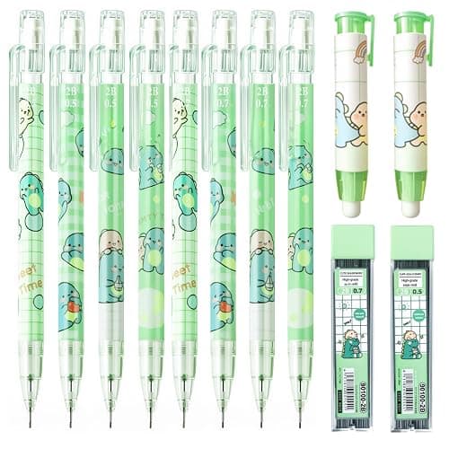 Mangpung Cute Green Dinosaur Mechanical Pencil Set Include 8Pcs Kawaii Mechanical Pencils,2 Tubes Mechanical Pencil Lead Refills,2Pcs Dinosaur Erasers,for Office School Supplies - Image 1