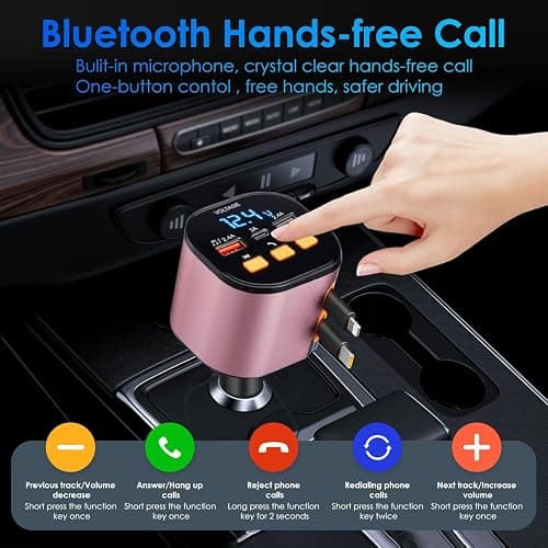 Retractable Car Charger,5 in 1 Fast Car Phone Charger 90W,Bluetooth 5.3 FM Transmitter Adapter,Handsfree Call,2 Retractable Cables and USB Cars Chargers for iPhone 17/16/15/14/13/Galaxy/Pixel thumbnail 5