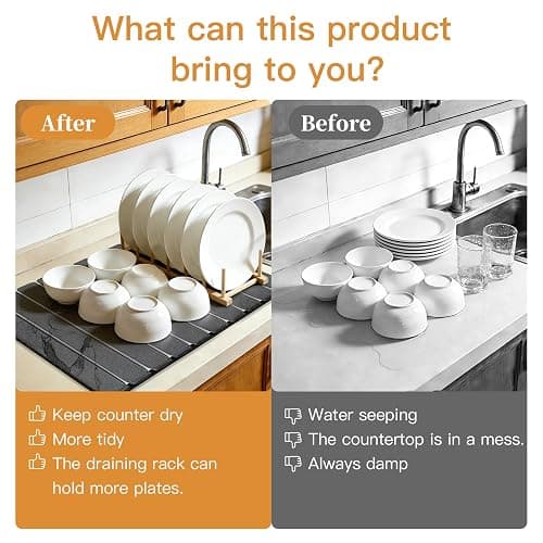 Stone Dish Drying Mat for Kitchen - Diatomaceous Earth Drying Mats | Grey Color, Quick Dry Counter Mats, Foldable Design, Super Absorbent, (24"×16"/ 8"x4" / 1 Drain Rack) , for Dishes Cups thumbnail 5
