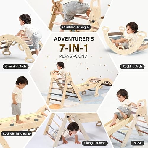 BlueWood Pikler Triangle Set 7in1 Foldable Baby Climbing Toys Wooden Montessori Climbing Set with Arch&Ramp&Ladder Baby Climber Indoor Jungle Gyms for Toddlers Montessori Toys - Mauve Pink - Mauve Pink thumbnail 5