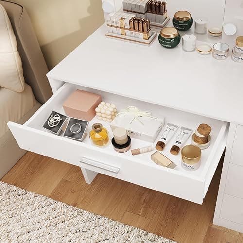 FIONESO Vanity Desk with Mirror and Lights, Makeup Vanity with 4 Drawers, Cabinet & 4 Necklace Hooks, White Vanity with Mirror and 10 LED Lights, Dressing Table for Women, Bedroom, White thumbnail 6