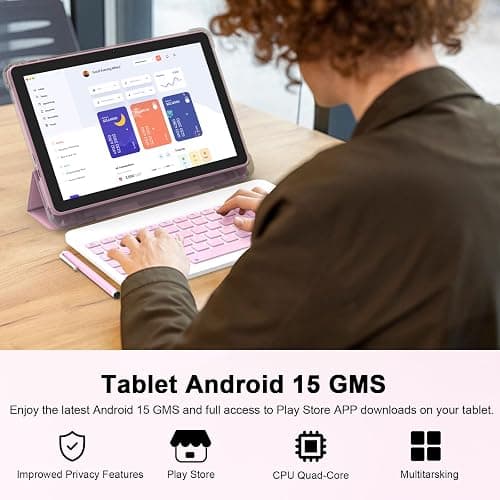 CUPEISI Android 15 Tablet 10 Inch, 20GB RAM+128GB ROM/ 2TB Expandable, 2.0GHz Quad-core Processor, 1280*800 HD Screen, 5G WiFi6 BT 5.0, 2 in 1 Tablets with Keyboard Case Mouse Stylus, Widevine L1 Pink thumbnail 4