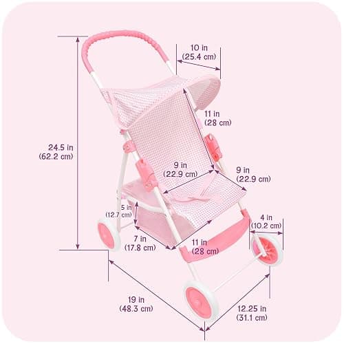 Badger Basket Folding Doll Umbrella Stroller for Dolls Up to 18 Inches - Lightweight, Compact Doll Stroller with Safety Belt, Pink and White Design thumbnail 3