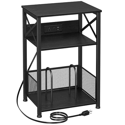 AMHANCIBLE Record Player Stand with Charging Station, Turntable Stand with Storage Cabinet, 3 Tier End Table Hold Up to 100 Albums, Record Stand for Vinyl, Living Room, Black, HETCD01BK-1 - Image 1