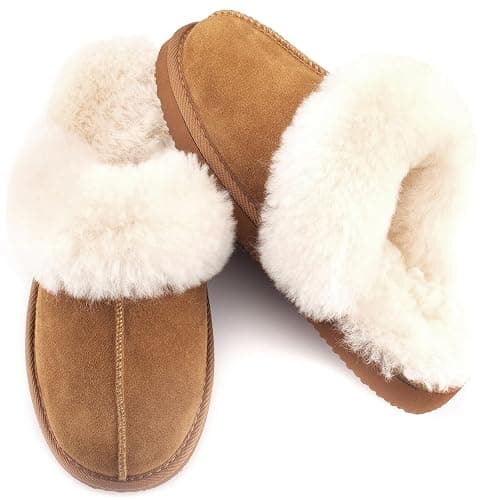 Parfeying Women's Shearling Slippers Genuine Leather with Rubber Sole, Sheepskin Fuzzy Indoor Outdoor Shoes for Home - Image 1