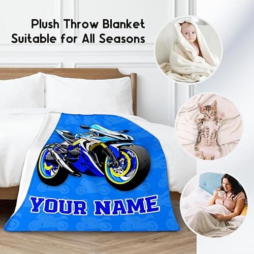Kids Blanket for Boys, Personalized Cozy Soft Motorcycle Blanket Gifts for Kids, Cute Flannel Throw for Bed Couch, 60x80 Inches thumbnail 2