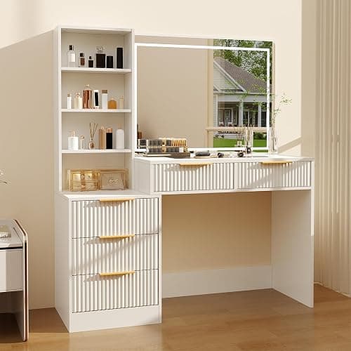 Makeup Vanity Desk with Smart LED Mirror & Charging Station, Large 48" Fluted Wood White Vanity Desk with Power Outlets and USB Ports Modern Glass Top with 5 Storage Drawers Dressing Table for Bedroom thumbnail 7
