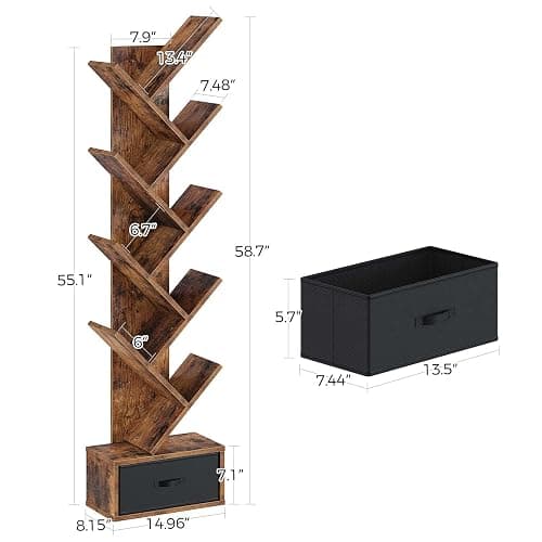 Rolanstar Tree Bookshelf with Drawer, 9 Shelf Bookshelf, Wooden Bookcase Storage Rack for CDs/Movies/Books, Corner Bookshelves, Utility Organizer Shelves for Living Room, Bedroom, Rustic Brown thumbnail 3