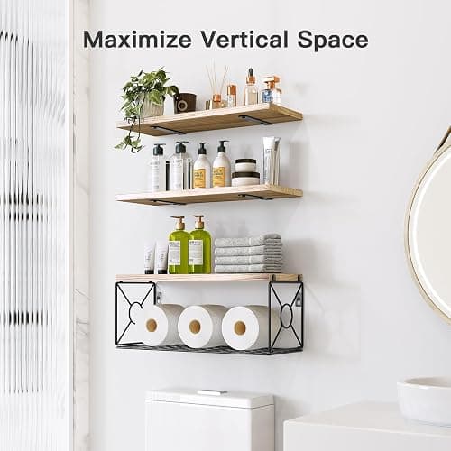 Pipishell Floating Shelves with Wire Strorage Basket, Paulownia Wood Bathroom Shelves for Home Organization & Wall Decor, Bathroom/Kitchen/Living Room/Office Shelves, Set of 3+1, Natural thumbnail 2