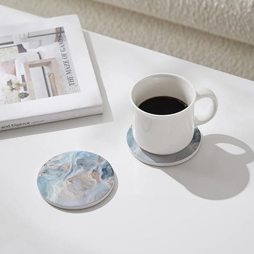 Hoomey Set of 6 Abstract Blue Marble Coasters with Holder, Absorbent Ceramic Coasters for Drinks, Coasters with Cork Backing for Table Protection, Housewarming Gifts for New Home thumbnail 2