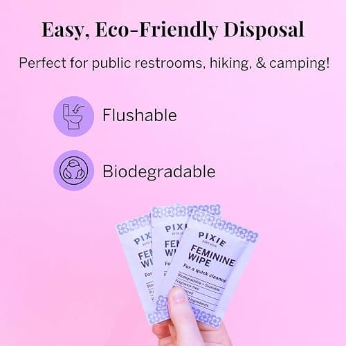 Pixie Feminine Wipes - Flushable, Biodegradable, pH Balanced & Unscented - Individually Wrapped Wipes for Feminine Care, On The Go & Public Bathrooms - Menstrual Cup Wipes for Cups & Discs (20 Count) thumbnail 6
