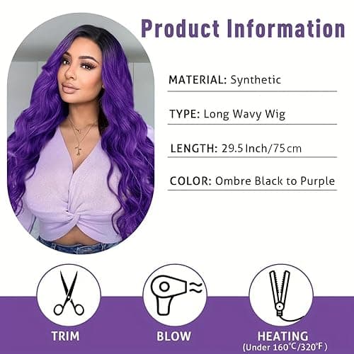 Maripabon Purple Ombre Long Wavy Wig Middle Part Mixed Black and Purple Ombre Wig for Women 29.5 Inch Mermaid Colorful Wigs Heat Resistant Synthetic Wigs for Daily Cosplay Party - Ombre Purple thumbnail 6