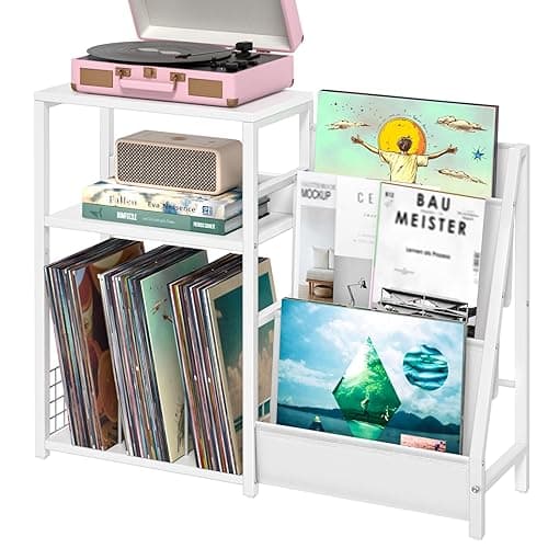 LELELINKY Record Player Table,Turntable Shelf with Vinyl Storage Up to 150 Albums,White Side Table with 3 Tier Magazine Periodical Book Rack,Wide Metal Record Holder Cabinet for Room Office - Natural White